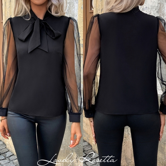 Elegant Black Sheer Sleeve Blouse - Picture 2 of 9